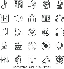 thin line vector icon set - bell vector, desktop microphone, horn, loudspeaker, silent mode, drumroll, drum, headphones, music, CD, regulator, volume, no sound, pc speaker, note, settings