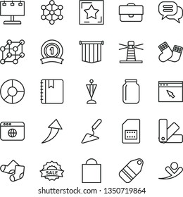 thin line vector icon set - paper bag vector, warm socks, Knitted, building trowel, color samples, notebook, label, SIM card, jar, lighthouse, billboard with illumination, portfolio, ring diagram