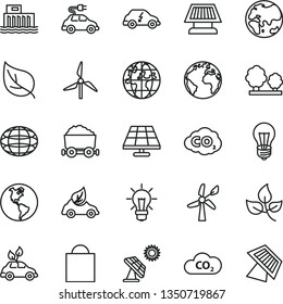 thin line vector icon set - sign of the planet vector, paper bag, solar panel, big, leaves, leaf, windmill, wind energy, Earth, bulb, hydroelectric station, trees, eco car, electric, CO2, globe, sun