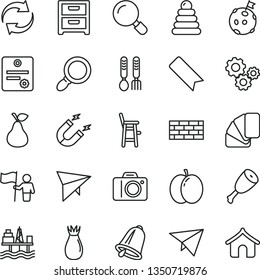 thin line vector icon set - camera vector, bookmark, renewal, stacking rings, a chair for feeding child, iron fork spoons, brickwork, sample of colour, bell, magnifier, nightstand, chicken thigh