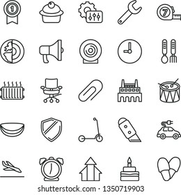 thin line vector icon set - clip vector, iron fork spoons, drum, child Kick scooter, long meashuring tape, knife, wall clock, alarm, megaphone, lens, muffin, birthday cake, piece of coconut, chair