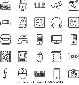thin line vector icon set - keyboard vector, power socket type f, plummet, heating coil, faucet mixer, headphones, screen, smartphone, plug, assembly robot, radiator fan, mouse, pc tower, gpu card