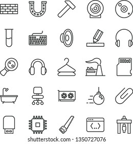 thin line vector icon set - keyboard vector, loudspeaker, brickwork, big core, arm saw, bath, drawing, hammer, headphones, lens, hanger, clip, factory, magnifying glass, cpu, gpu card, cd, usb flash