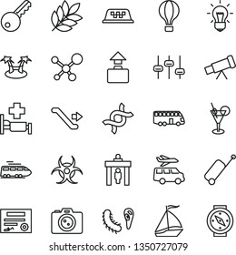 thin line vector icon set - telescope vector, molecule, dna, bulb, settings, bactery, biohazard, biology, patente, train, bus, sail boat, taxi, air balloon, escalator, security gate, rolling case