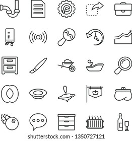 thin line vector icon set - tassel vector, storage unit, beanbag, children's bathroom, small yule, garden trolley, sewerage, star gear, electronic boiler, speech, nightstand, move right, blueberries