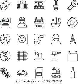 thin line vector icon set - repair key vector, workman, concrete mixer, cordless drill, sea port, oil derrick, water pipes, planet Earth, accumulator, socket, industrial factory, gears, conveyor