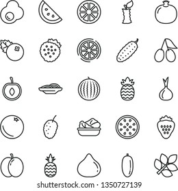 thin line vector icon set - slices of onion vector, lettuce in a plate, cucumber, fried egg, blueberries, strawberry, strawberries, pineapple, orange slice, apple, pomegranate, cornels, fig, passion
