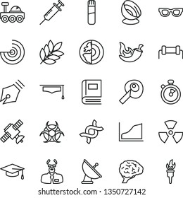 thin line vector icon set - chili vector, test tube, glasses, nuclear, dna, brain, satellite, book, biohazard, scientist, graduate hat, artifical insimination, growth graph, radar, earth core