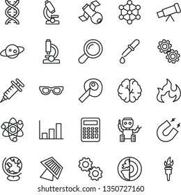 thin line vector icon set - microscope vector, telescope, atom, glasses, zoom, dna, brain, gears, satellite, pipette, globe, magnet, flame, calculator, artifical insimination, growth graph, robot