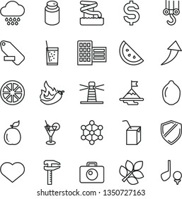 thin line vector icon set - heart symbol vector, remove label, powder, cloud, packing of juice with a straw, winch hook, city block, camera, glass soda, orange slice, juicy lemon, lime, guava, golf