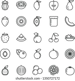 thin line vector icon set - a plate of fruit vector, jam, blueberries, cherry, peach, tasty apple, plum, raspberry, blackberry, blueberry, water melon, slice, mango, half, tangerine, kiwi, orange