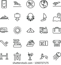thin line vector icon set - earth vector, train, camper, escalator, rope barrier, security gate, suitcase, plane ticket, phone registration, getting baggage, departure, arrival, tent, sun, cocktail