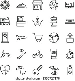 thin line vector icon set - earth vector, plane, train, camper, taxi, bike, escalator, baggage scanner, arnchair under umbrella, uv cream, palm tree, medical room, starfish, surfing, disabled, key