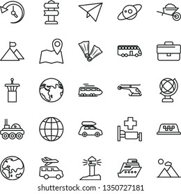 thin line vector icon set - briefcase vector, garden trolley, globe, earth, planet, coastal lighthouse, history, saturn, lunar rover, mountain flag, paper plane, helicopter, train, car baggage, bus