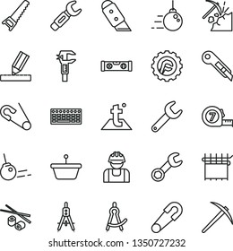 thin line vector icon set - safety pin vector, open, big core, hand saw, long meashuring tape, building level, drawing, star gear, knife, stationery, temperature, Chinese chopsticks, coal mining