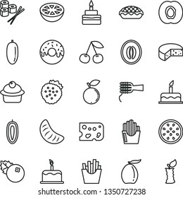 thin line vector icon set - cake vector, piece of cheese, noodles, muffin, birthday, glazed with a hole, apple pie, French fries, fried potato slices, sushi set, blueberries, strawberries, cherry