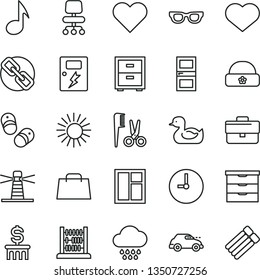 thin line vector icon set - heart symbol vector, briefcase, spectacles, bedside table, storage unit, rubber duck, accessories for a hairstyle, cloud, child shoes, warm hat, abacus, window, dangers