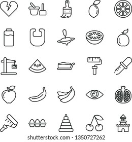 thin line vector icon set - paint roller vector, bib, stacking toy, sand set, small yule, wooden brush, broken heart, eye, bundle of eggs, cake slice, cherry, half pomegranate, red apple, banana