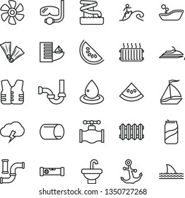 thin line vector icon set - children's bathroom vector, washbasin, sewerage, construction level, new radiator, anchor, storm cloud, soda can, slice of water melon, marine propeller, valve, pipes