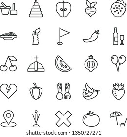 thin line vector icon set - cross vector, pennant, stacking toy, sand set, plastic fork spoons, colored air balloons, broken heart, slices of onion, tomato, strawberries, cherry, tasty apple, stub