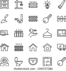 thin line vector icon set - house vector, dwelling, building trowel, arm saw, sink, toilet, siphon, laying out, lay of flat, key, ceramic tiles, radiator, new, home, nightstand, hanger, cast iron