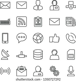 thin line vector icon set - envelope vector, rss feed, employee, received letter, speech, thumb up, smartphone, big data, phone call, operator, satellite antenna, SIM card, statistical overview