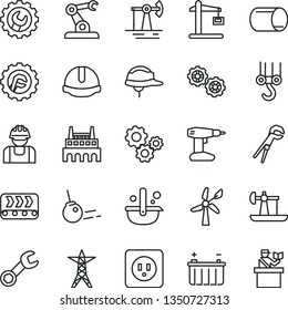 thin line vector icon set - winch hook vector, gears, adjustable wrench, drill, power socket type b, construction helmet, gear, star, core, oil derrick, working, wind energy, battery, line, conveyor