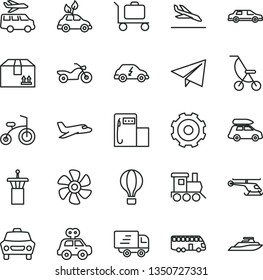 thin line vector icon set - truck lorry vector, paper airplane, summer stroller, motor vehicle present, baby toy train, child bicycle, car, cardboard box, marine propeller, modern gas station, plane