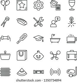 thin line vector icon set - electronic thermometer vector e, funny hairdo, colored air balloons, cogwheel, small tools, adjustable wrench, bath, building level, estimate, case, bag with handles
