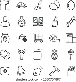 thin line vector icon set - bell vector, cargo trolley, bag of a paramedic, garden, building trowel, long meashuring tape, wooden paint brush, hammer with claw, copy, expand picture, eggs, biscuit