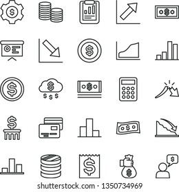 thin line vector icon set - bar chart vector, growth, negative, cards, coins, column of, recession, a crisis, statistical report, dollar, financial item, cash, calculator, graph, money bag hand