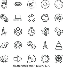 thin line vector icon set - clock face vector, right direction, renewal, clockwise, stacking toy, cogwheel, left bottom arrow, timer, porcini, plate, gear, gears, Measuring compasses, scheme, atom