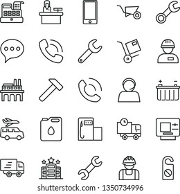 thin line vector icon set - workman vector, building trolley, hammer, speech, smartphone, delivery, phone call, shipment, modern gas station, battery, industrial enterprise, builder, canister of oil