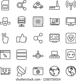 thin line vector icon set - power socket type b vector, f, thumb up, screen, big data server, autopilot, processor, satellite dish, SIM card, connection, connections, scheme, hierarchical, pc, earth