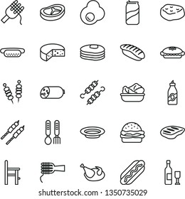 thin line vector icon set - a chair for feeding vector, iron fork spoons, sausage, cheese, fried vegetables on sticks, Hot Dog, mini, burger, spaghetti, noodles, pie, lettuce in plate, chicken, chop