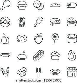 thin line vector icon set - sausage vector, stick of, cheese, loaf, canned goods, fried vegetables on sticks, Hot Dog, mini, burger, cake, muffin, with a hole, glazed, bowl buckwheat porridge, thigh