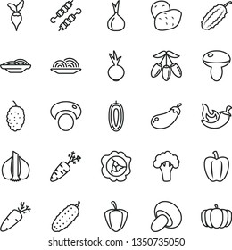 thin line vector icon set - onion vector, slices of, mushroom, porcini, meat on skewers, cucumber, chili, beet, carrot, squash, mulberry, goji berry, sweet date fruit, Bell pepper, ripe, garlic