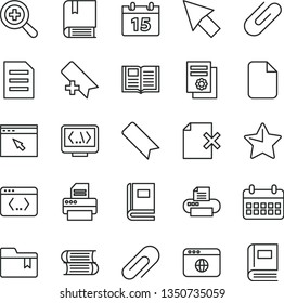 thin line vector icon set - clip vector, add bookmark, zoom, folder, e, books, calendar, star, book, delete page, scientific publication, printer, browser, coding, cursor, file