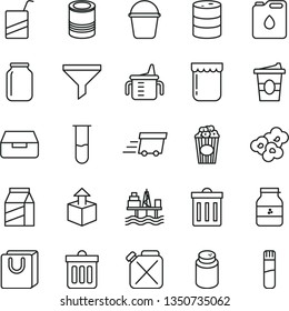 thin line vector icon set - bin vector, measuring cup for feeding, powder, e, bucket, dust, drawer, bag with handles, package, unpacking, tin, popcorn, of, coffe to go, jam, jar, commercial seaport
