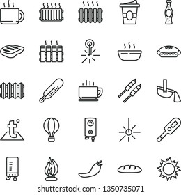 thin line vector icon set - electronic thermometer vector e, mercury, temperature, radiator, new, boiler, coffee, loaf, pie, hot porridge, chop, barbecue, cup of tea, coffe to go, bottle soda, flame