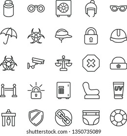 thin line vector icon set - mark of injury vector, spectacles, scales, nappy, powder, Baby chair, winter hat, warm, construction helmet, lock, umbrella, strongbox, encrypting, glasses, biohazard