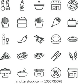 thin line vector icon set - plastic fork spoons vector, coffee, fried vegetables on sticks, pizza, piece of, big burger, cake, pie, a bowl rice porridge, grill chicken leg, bacon, chop, barbecue