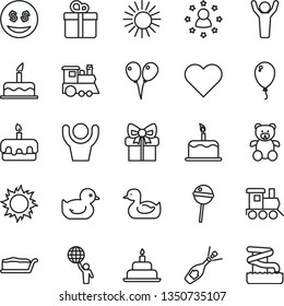 thin line vector icon set - rubber duck vector, baby duckling, teddy bear, toy train, children's, colored air balloons, balloon, cake, birthday, heart, gift, slice, torte, Chupa Chups, hands up, sun