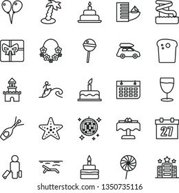 thin line vector icon set - daily calendar vector, colored air balloons, cake, birthday, Easter, Chupa Chups, lollipop, glass, wall, giftbox, sand castle, champagne, car baggage, passenger, hotel