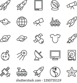 thin line vector icon set - monitor vector, t short, earth, planet, rocket, space, tablet pc, hdd, telescope, satellite, antenna, saturn, lunar rover, flag on moon, first, starfish