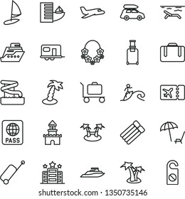 thin line vector icon set - passport vector, sand castle, plane, car baggage, camper, suitcase, rolling, ticket, case, hotel, beach, arnchair under umbrella, palm tree, hawaii wreath, aquapark