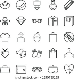 thin line vector icon set - paper bag vector, purse, spectacles, hat, with glasses, bath ball, comb, warm socks, Knitted, winter, handles, T shirt, folded, hanger, hand, diamond, ring, baggage