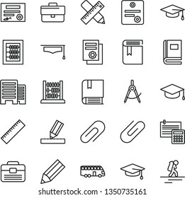 thin line vector icon set - clip vector, briefcase, yardstick, book, new abacus, e, portfolio, buildings, writing accessories, drawing, calculation, square academic hat, scribed compasses, pencil