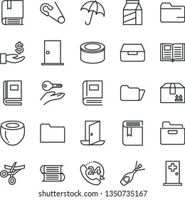 thin line vector icon set - folder vector, book, open pin, e, books, ntrance door, umbrella, drawer, cardboard box, 24, package, canned goods, half of coconut, get a wage, arm with key, exit