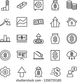thin line vector icon set - upward direction vector, dollar, line chart, strongbox, coins, recession, a crisis, financial item, money, dollars, cash, report, growth arrows, gold bar, rain, coin, bag
